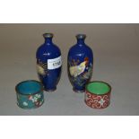 Pair of small cloisonne vases decorated with cockerels on a blue ground, pair of cloisonne napkin