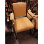 19th Century walnut X-frame open armchair with yellow damask upholstery and turned stretcher