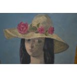 Reginald Brill, oil on board, portrait of a girl wearing a straw hat, decorated with pink roses, 9.