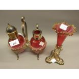 Cranberry glass and silver plate cream and sugar stand together with a similar small epergne