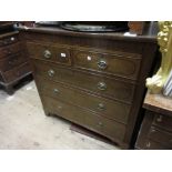 19th Century oak line inlaid chest of two short over three long graduated drawers with oval brass