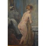 Modern British School oil on canvas, female nude with maid in an interior, 13.5ins x 10ins