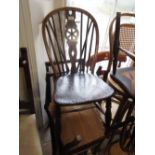 Pair of late 19th / early 20th Century wheel and stick back kitchen chairs with elm seats and turned