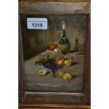 20th Century Continental school, pair of small oil paintings on board, still life of fruit in gilt