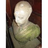 19th Century marble bust on circular socle, possibly Edward VII, 29ins high (weathered and nose at