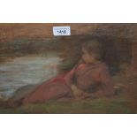 Framed pastel drawing, study of a young lady resting by a river, monogrammed G.C., 11.5ins x 15ins