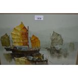 F.E. Cheimg, oil on canvas, Chinese fishing boats, signed, 11.5ins x 15.5ins, framed