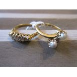 18ct Five stone diamond ring, together with an 18ct gold crossover ring set two button pearls