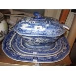 Large 19th Century English blue and white transfer printed soup tureen, cover and ladle decorated