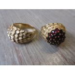 Two Continental yellow metal rings, one set garnets Yellow metal, no hallmarks