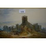 John Henry, mid 19th Century watercolour, two figures before castle ruins, signed and dated 1853,