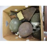 Box containing militaria, water bottles, belts etc