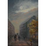 Two unframed oils on canvas, moonlit street scene with horse drawn carriages, and study of ' Staples