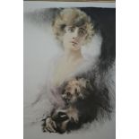 Carl Josef Bauer, signed etching, portrait of a lady holding her dog, 16ins x 13ins, gilt framed