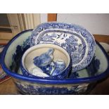 Reproduction blue and white transfer printed foot bath together with a Doulton blue and white