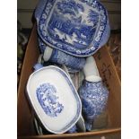 Box containing a quantity of late 19th and early 20th Century mainly blue and white transfer printed