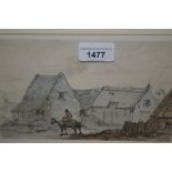 18th / 19th Century Dutch school, watercolour over pencil, figure on horseback before cottages,