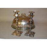 Pair of 19th Century plate on copper candlesticks and a large plated meat dish cover