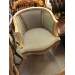 Modern beechwood blue upholstered tub shaped chair on turned reeded front supports