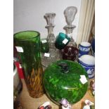 Near pair of 19th Century decanters, 19th Century cut pedestal drinking glass, Art glass vase, red