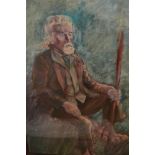 Trevor Jones, oil on board, study of a seated man holding a staff, signed, 31ins x 20.5ins, framed