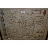 Framed antique hand coloured map of Essex, 16.5ins x 20.75ins, in a Hogarth type frame