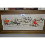 French signed coloured engraving, humorous dog caricature, together with a David Shepherd signed