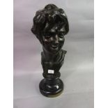 Jules Herbays patinated bronze bust of a young woman, signed in the bronze and mounted on a circular