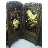 Large late 19th Century Japanese lacquer ivory and carved hardwood two panel screen, the two forward