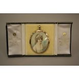 George III English oval miniature portrait on ivory of a young woman in white dress with bow in