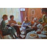 20th Century oil on board, seated figures having afternoon tea, indistinctly signed, 13ins x 21ins