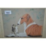 Pastel study of a borzoi dog and a kitten, 8ins x 10ins, gilt framed