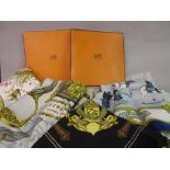 Two ladies Hermes silk head scarves with original boxes and two other ladies Hermes silk head