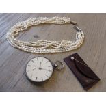 Silver cased open face pocket watch (at fault), seed pearl necklace and two stick pins