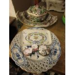 Two Meissen blue and white plates with pierced borders, two modern Dresden floral decorated dishes