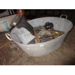 Oval galvanised bath tub together with a quantity of various metalware