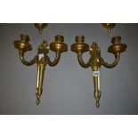 Pair of French ormolu two branch wall lights, together with a pair of Dutch style brass two branch