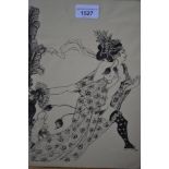 20th Century pen drawing, copy of an Aubrey Beardsley erotic scene with nude female, bearing