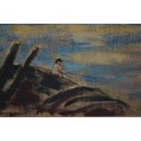 Oil sketch on canvas laid on board, study of a boy fishing from a barge, signed ' Apperley ', 6.5ins
