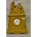 19th Century French ormolu mantel clock, the rectangular case surmounted by figures of a lady and