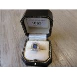 18ct Yellow gold ring set square sapphire and old cut diamonds