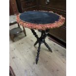 19th Century circular velvet topped occasional table on turned crossover tripod supports