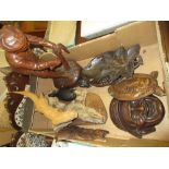 Large carved wooden harvesting figure, together with a wooden carved root figure of a beaver and
