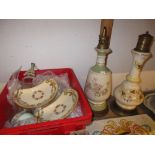 Two ceramic table lamps, one with ivy decoration together with a quantity of various glassware and
