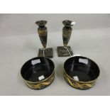 Pair of 19th Century toleware candlesticks ( at fault ), together with a pair of reproduction