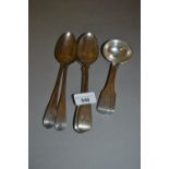 Two pairs of Georgian and Victorian silver tablespoons and a pair of silver Fiddle pattern sauce