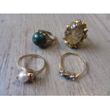 Gold ring set cultured pearl and three rubies together with three other various gold dress rings