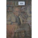 Harold Hope Read, pastel still life study, the artist seated in a library, unsigned, 11ins x