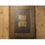 19th Century leather bound family bible with gilt metal mounts and clasps