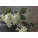 Marianne Stokes, oil on board, still life of white roses and a pottery bowl, signed, 8ins x 10.5ins,